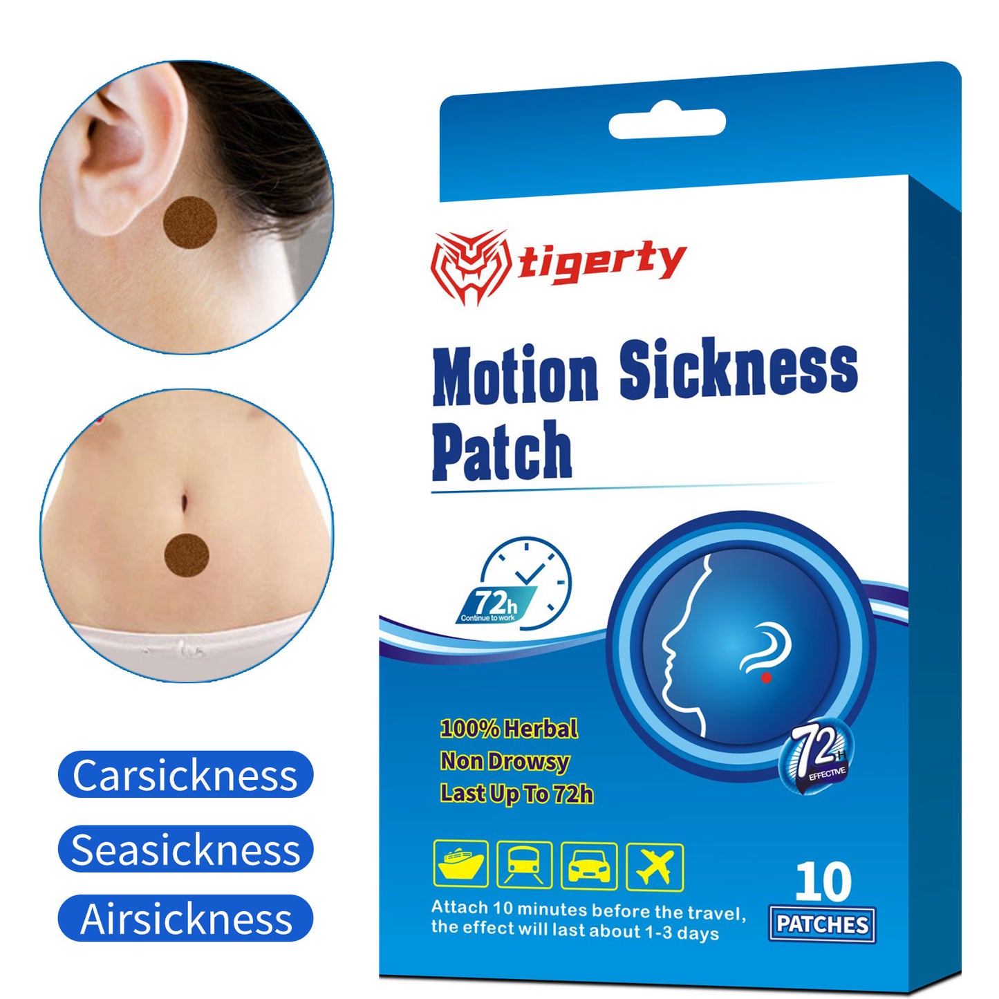 tigerty Travel Comfort Patches (10 Patches/Box) - Herbal Motion Easy Stickers for Car/Air/Sea Trips, Dual Adhesive Application, Long-Lasting Natural Care (Non-Medicated Wellness Kit)