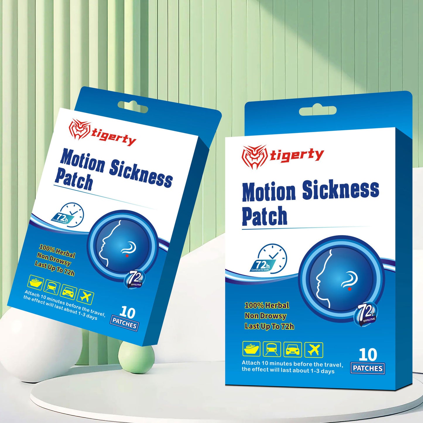 tigerty Travel Comfort Patches (10 Patches/Box) - Herbal Motion Easy Stickers for Car/Air/Sea Trips, Dual Adhesive Application, Long-Lasting Natural Care (Non-Medicated Wellness Kit)