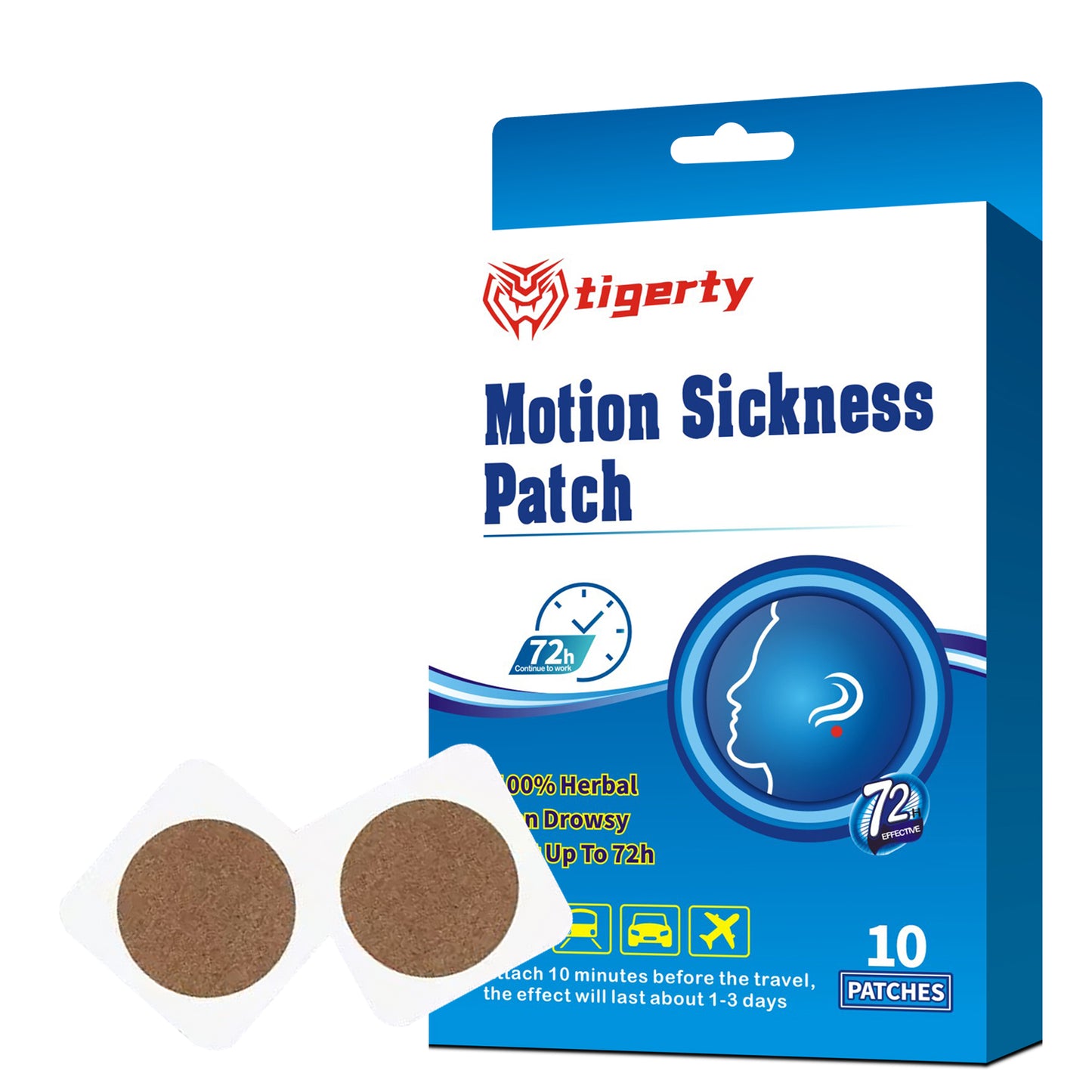 tigerty Travel Comfort Patches (10 Patches/Box) - Herbal Motion Easy Stickers for Car/Air/Sea Trips, Dual Adhesive Application, Long-Lasting Natural Care (Non-Medicated Wellness Kit)